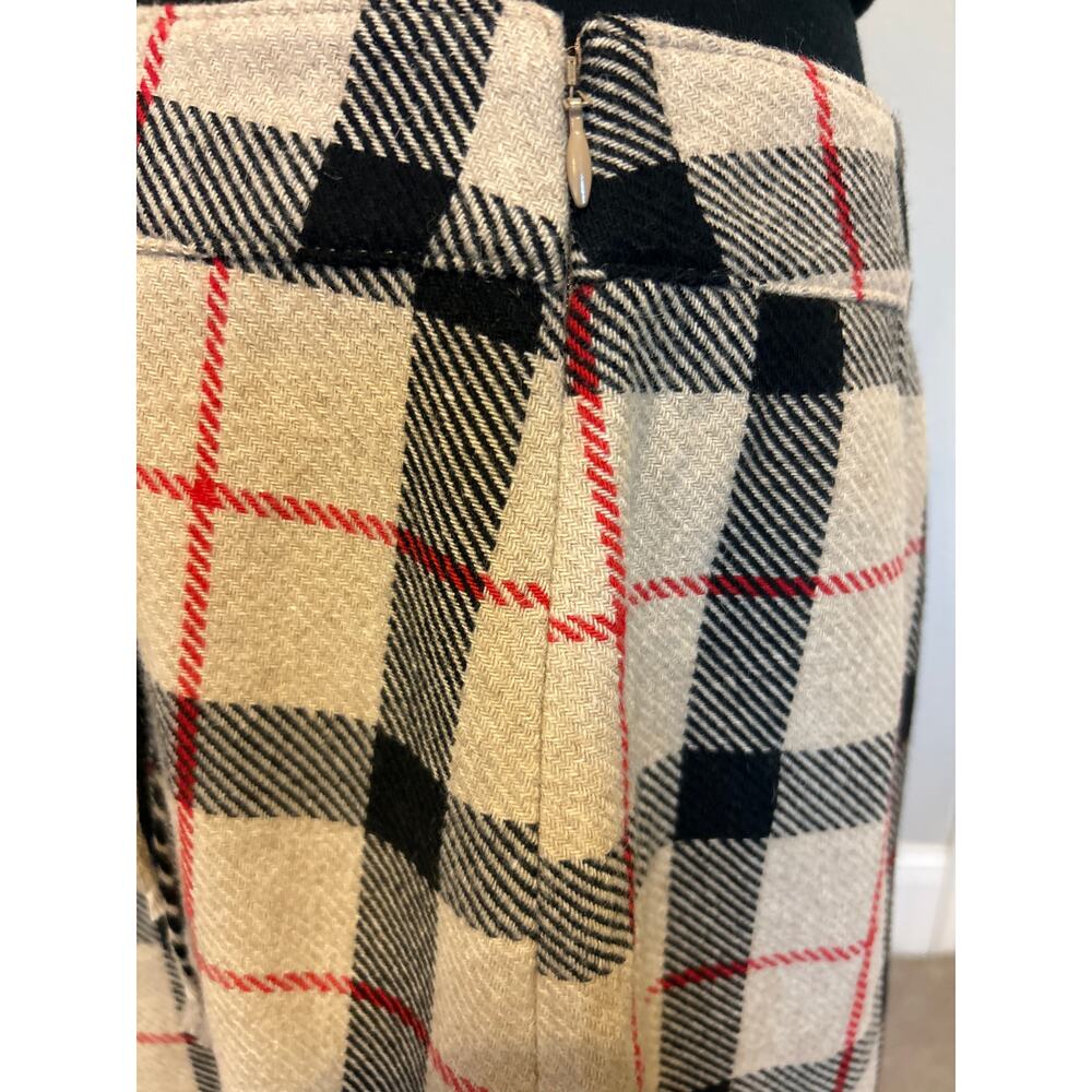 Talbots |  Wool Blend Tan Plaid Faux Wrap Midi Skirt with Fringe | 14 - Picture 6 of 10